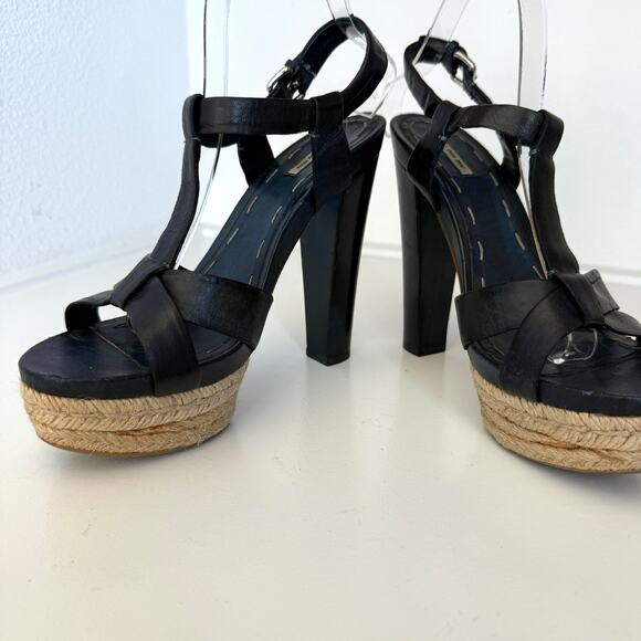 Miu Miu Platform Espadrille Sandals Navy Leather Strappy Heels Size 38 Italy - Picture 10 of 13